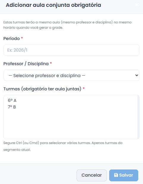 Cadastro de Aula em Conjunto