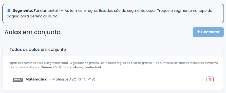 Listagem de Aulas em Conjunto
