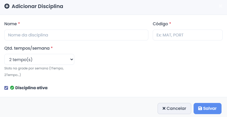 Tela de Adição de Disciplina