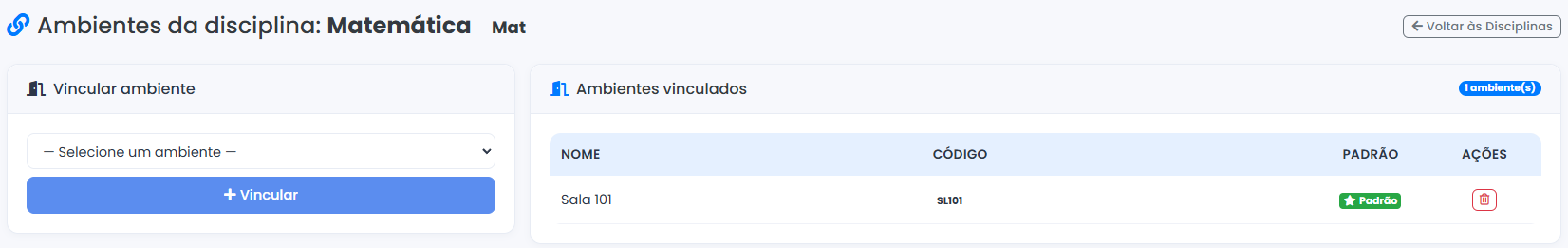 Tela de Vínculo de Ambientes