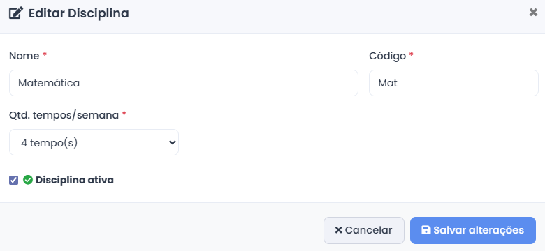 Tela de Edição de Disciplina