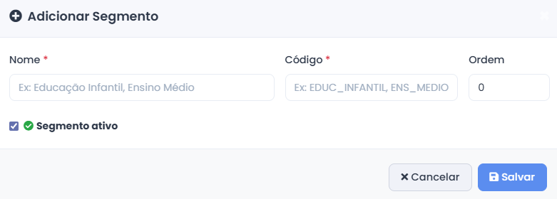 Tela de Adição de Segmento