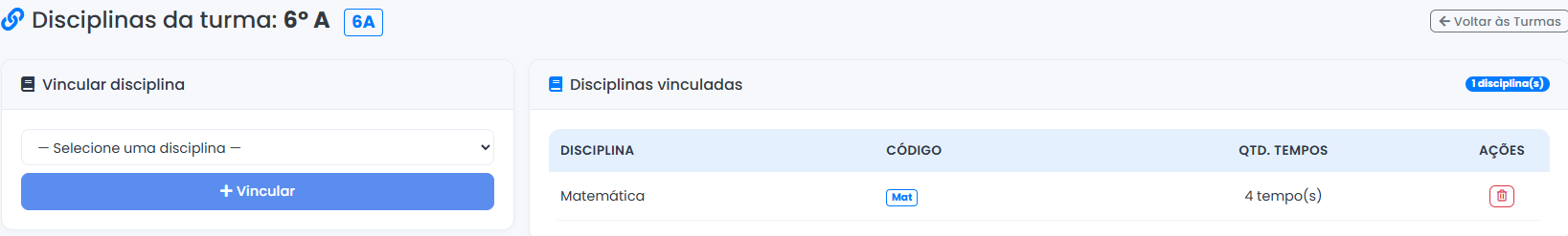 Vínculo de Disciplinas da Turma