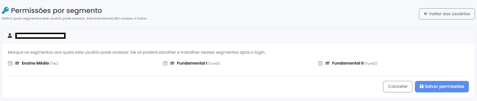 Tela de Permissões por Segmento